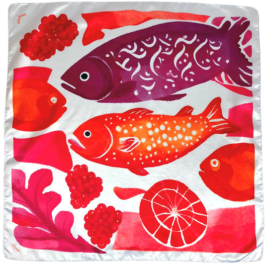 Ꮞꮌꮒ (Semoni) - Quadratschal 66 cm | Lachszeichen | Amerindian Totems | Akåsa Biarritz