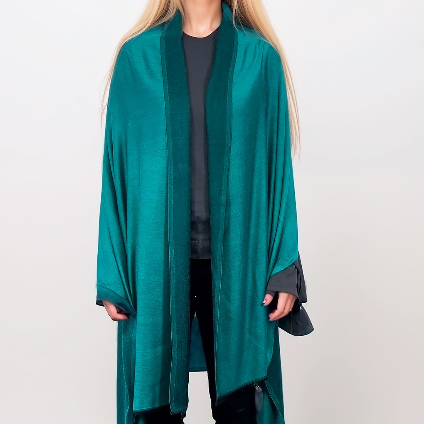 Colección Natural Elegance – Bufandas de lana y seda sin dobladillo - Azul océano reversible