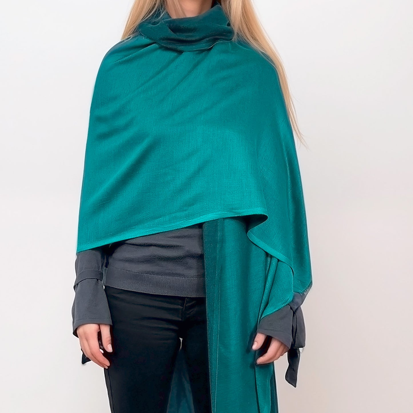 Colección Natural Elegance – Bufandas de lana y seda sin dobladillo - Azul océano reversible