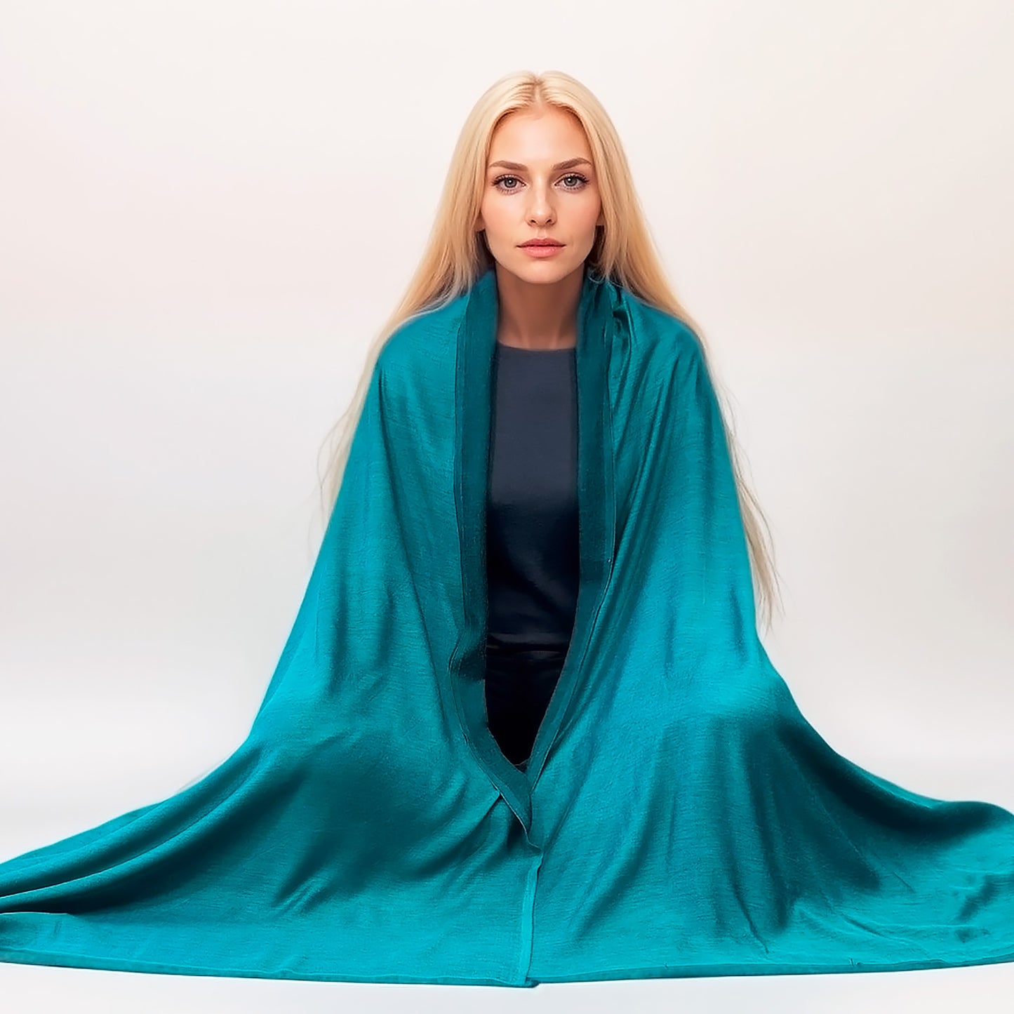 Colección Natural Elegance – Bufandas de lana y seda sin dobladillo - Azul océano reversible