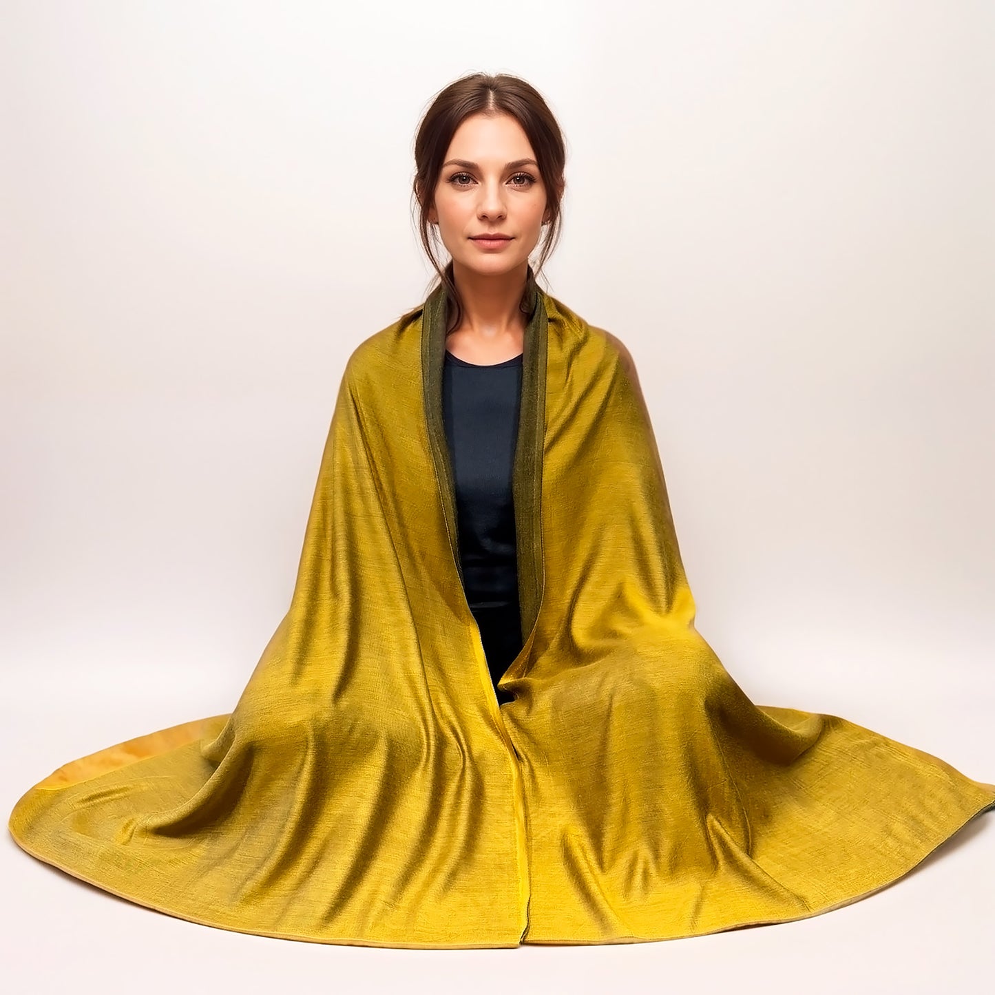 Colección Natural Elegance – Bufandas de lana y seda sin dobladillo - Azul océano reversible