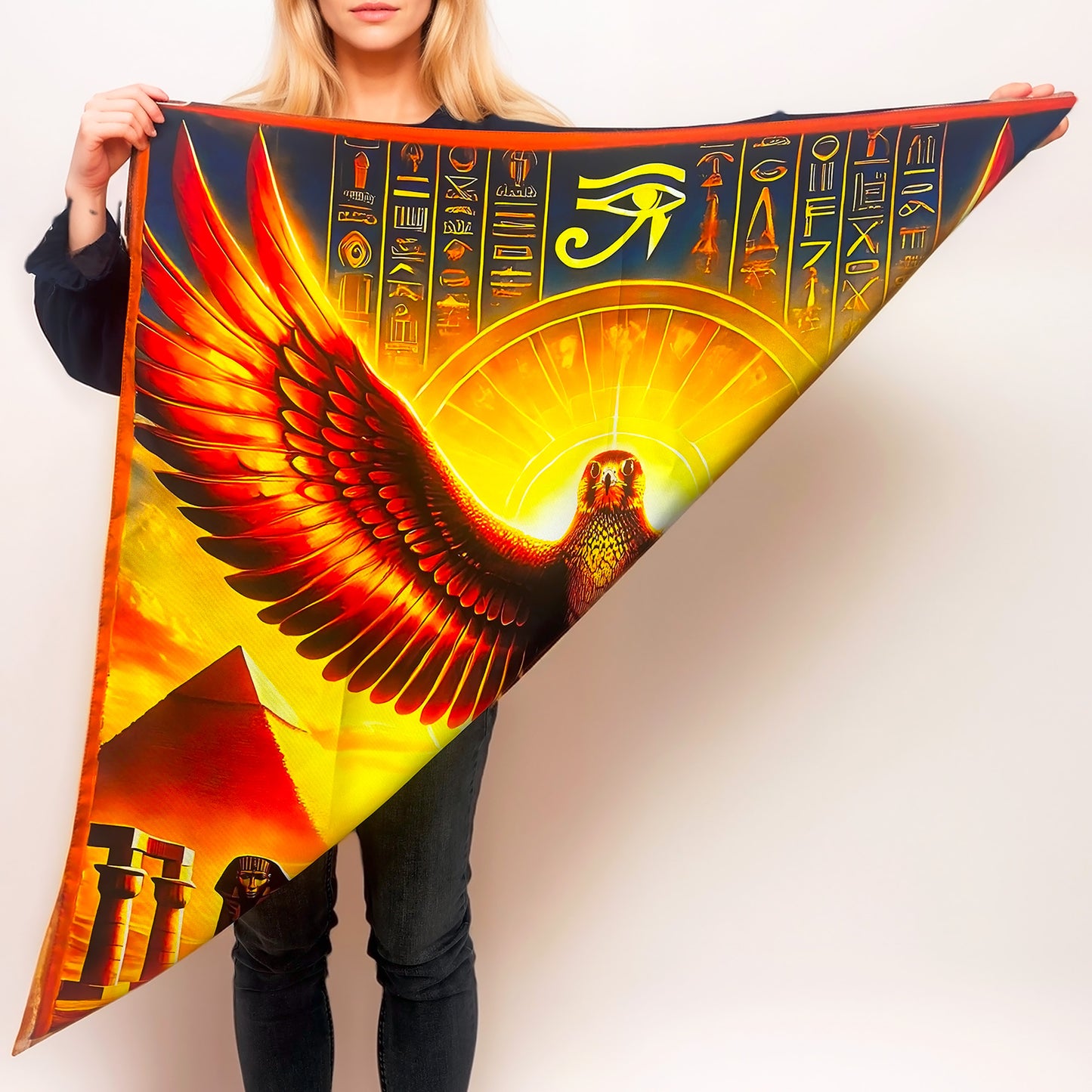 Horus: Vision du Ciel – 𓅃 (Ḥr) - Carré 88 en Sergé de Soie 16 Mommes
