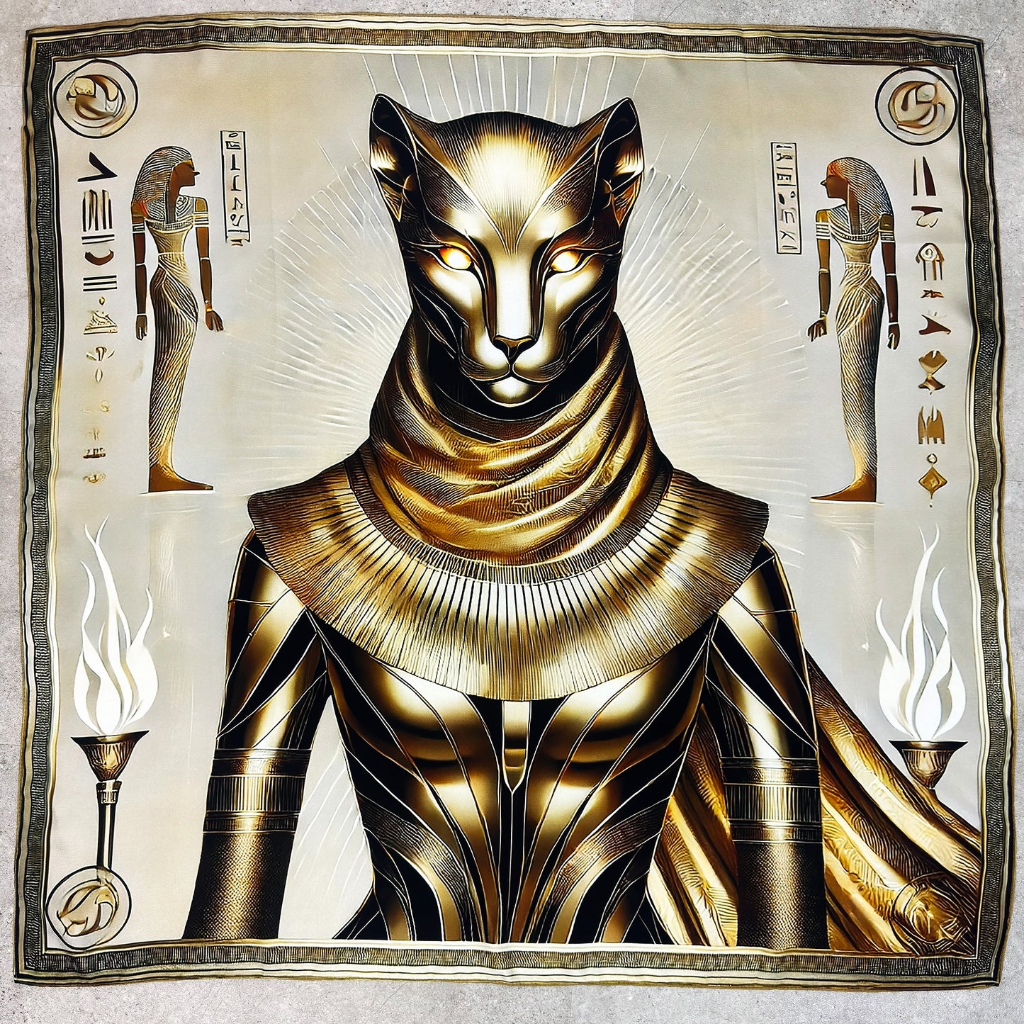 Sekhmet: Force Ardente – 𓋴𓐍𓏏 (Sḫmt) - Carré 88 en Sergé de Soie 16 Mommes