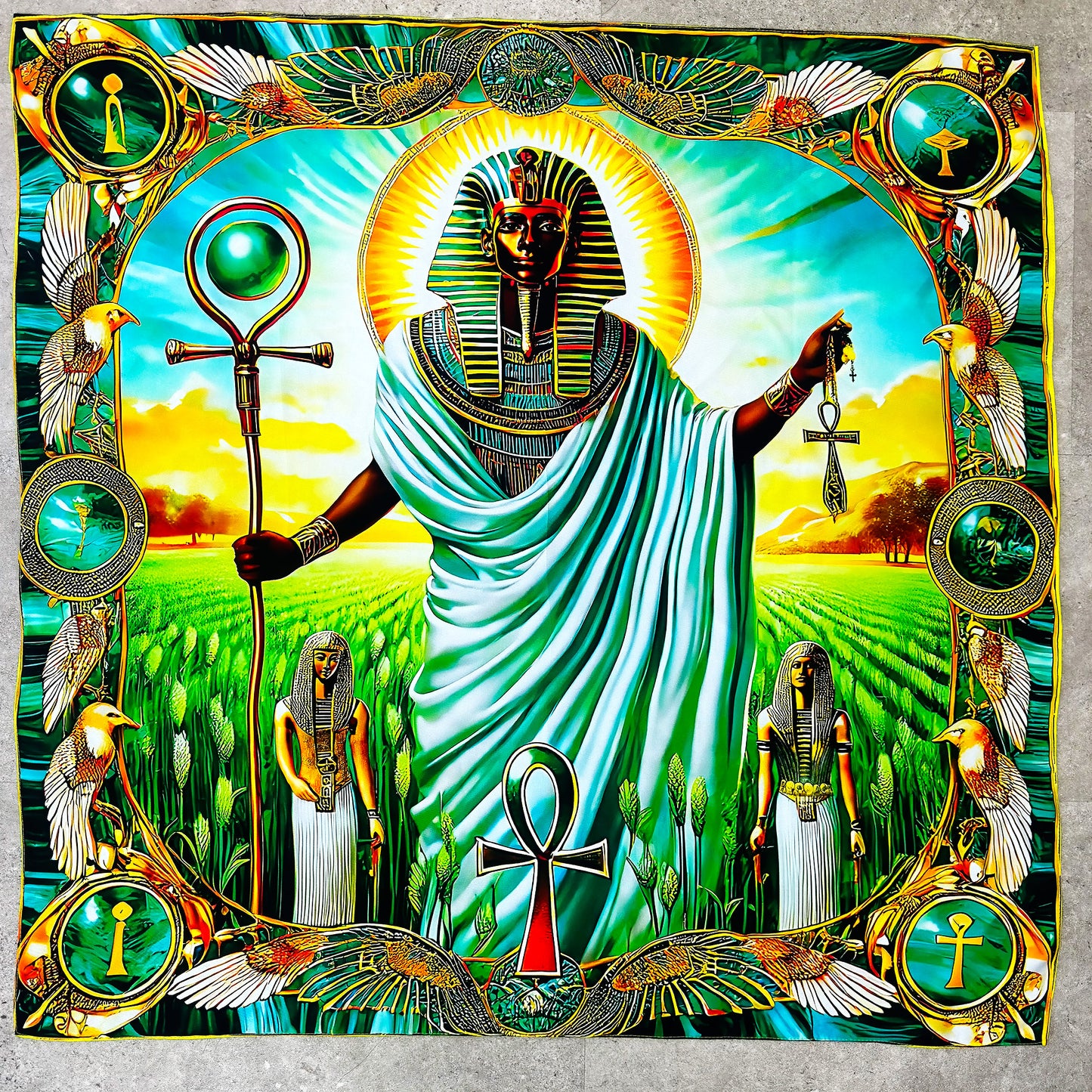 Osiris: Résurrection Éternelle – 𓂋𓏏𓊖 (Wsir) - Carré 88 en Sergé de Soie 16 Mommes