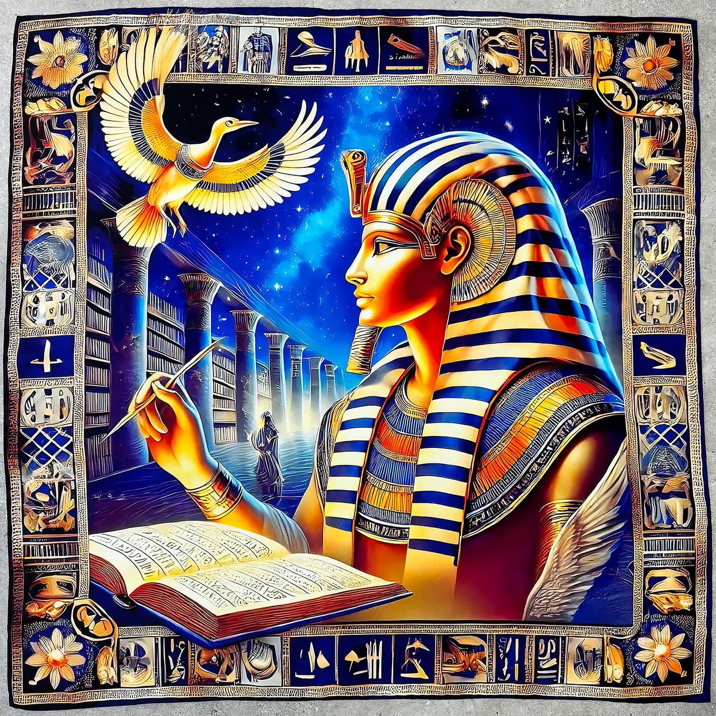 Thot: Sagesse Ancestrale – 𓎛𓅱𓍿 (Ḏḥwtj) - Carré 88 en Sergé de Soie 16 Mommes