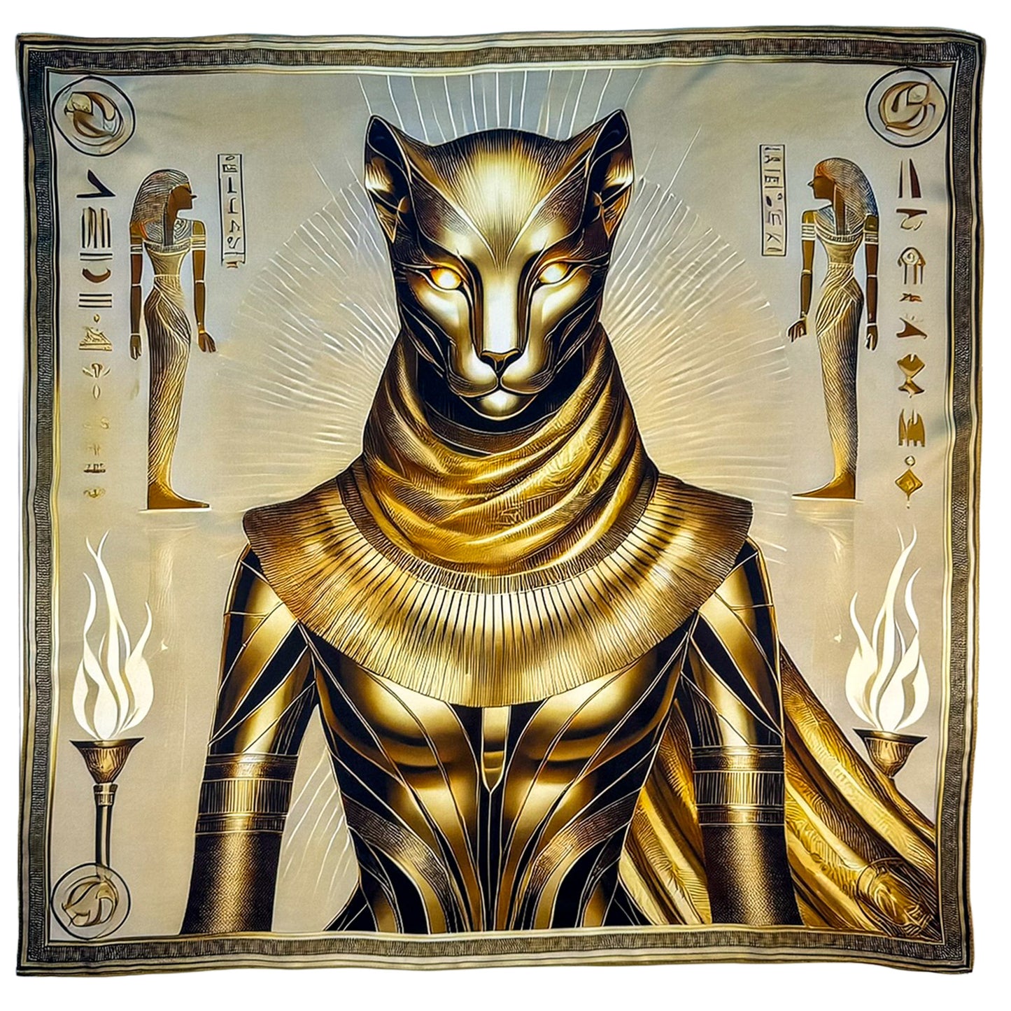 Carré 88 en Soie – Sekhmet : Force Ardente et Puissance Guerrière