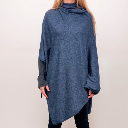 Poncho 100% Cachemire - Kashmir Luxe Authentique | Bleu Profond | Fabriqué en Inde | AKÅSA Biarritz