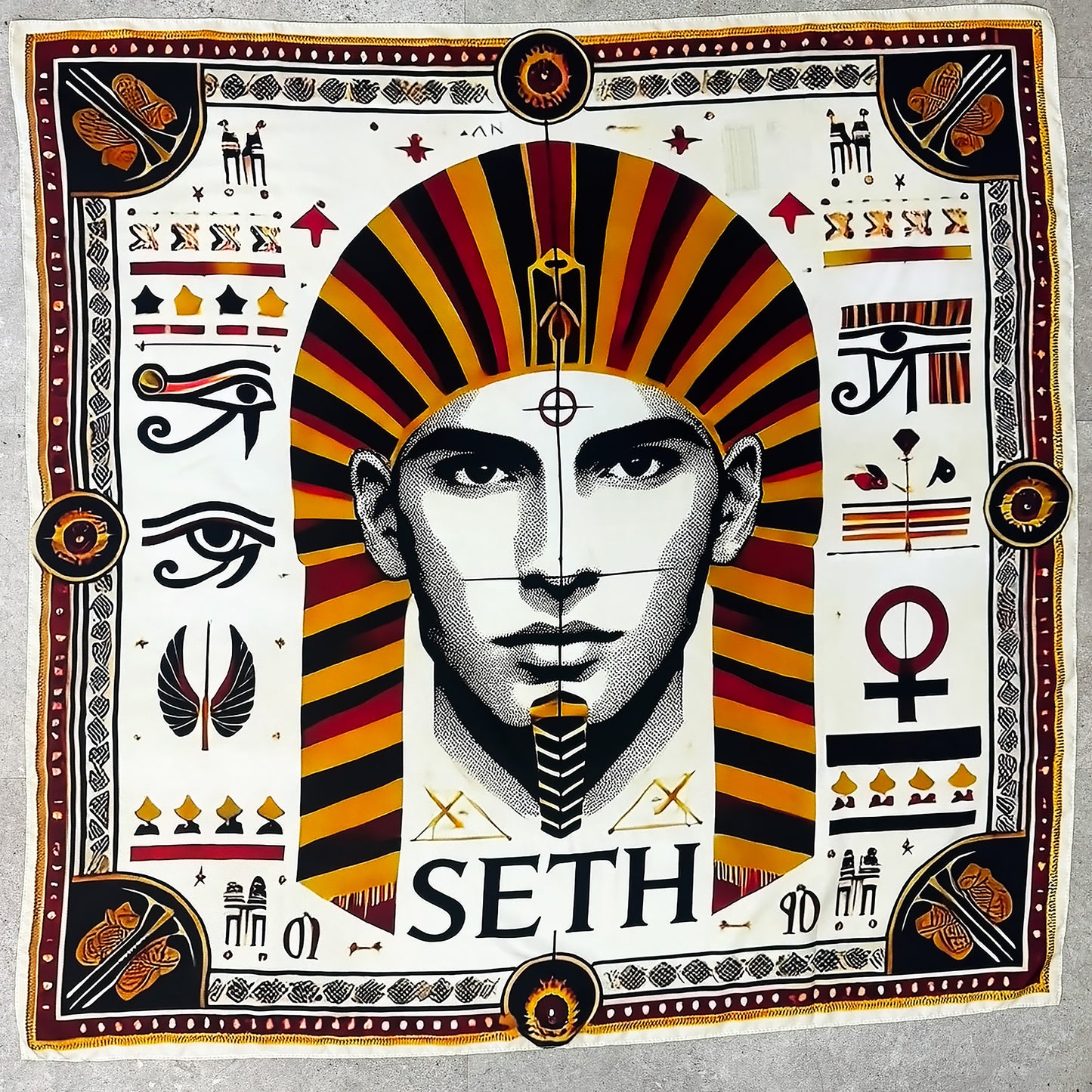Seth: Vent de Changement – 𓊃𓏏𓎛 (Sṯẖ) - Carré  88  en Sergé de Soie 16 Mommes