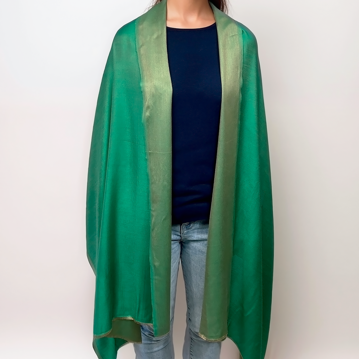 Étole Réversible en Soie et Laine – Vert Émeraude & Vert Doré